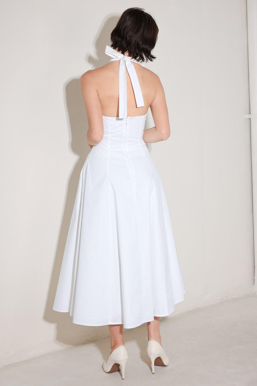 POWDER SKY HALTER WOVEN MIDI DRESS