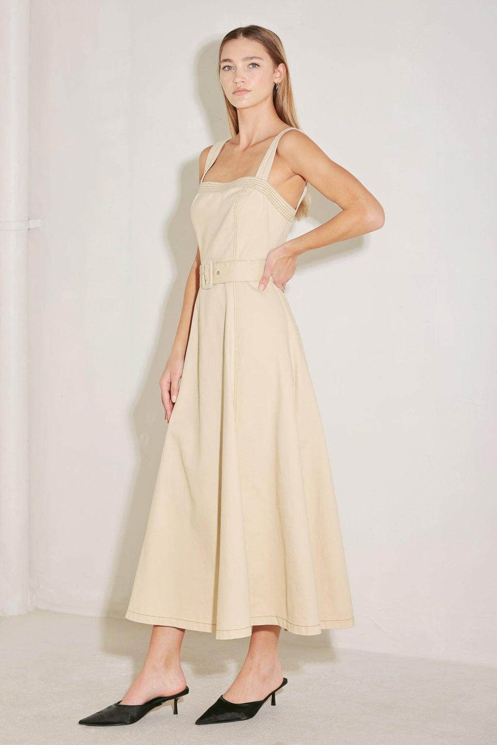 ELEVATED NEUTRAL WOVEN MIDI DRESS