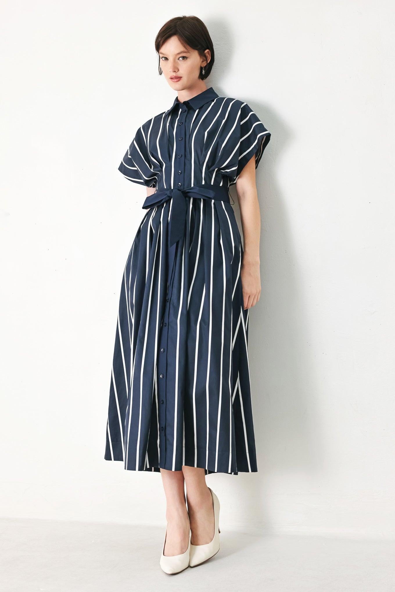 PINSTRIPE STORY WOVEN MIDI DRESS