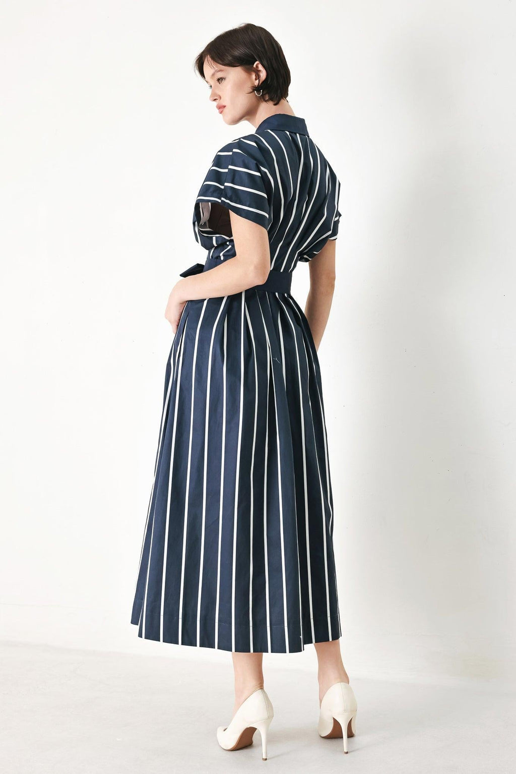 PINSTRIPE STORY WOVEN MIDI DRESS