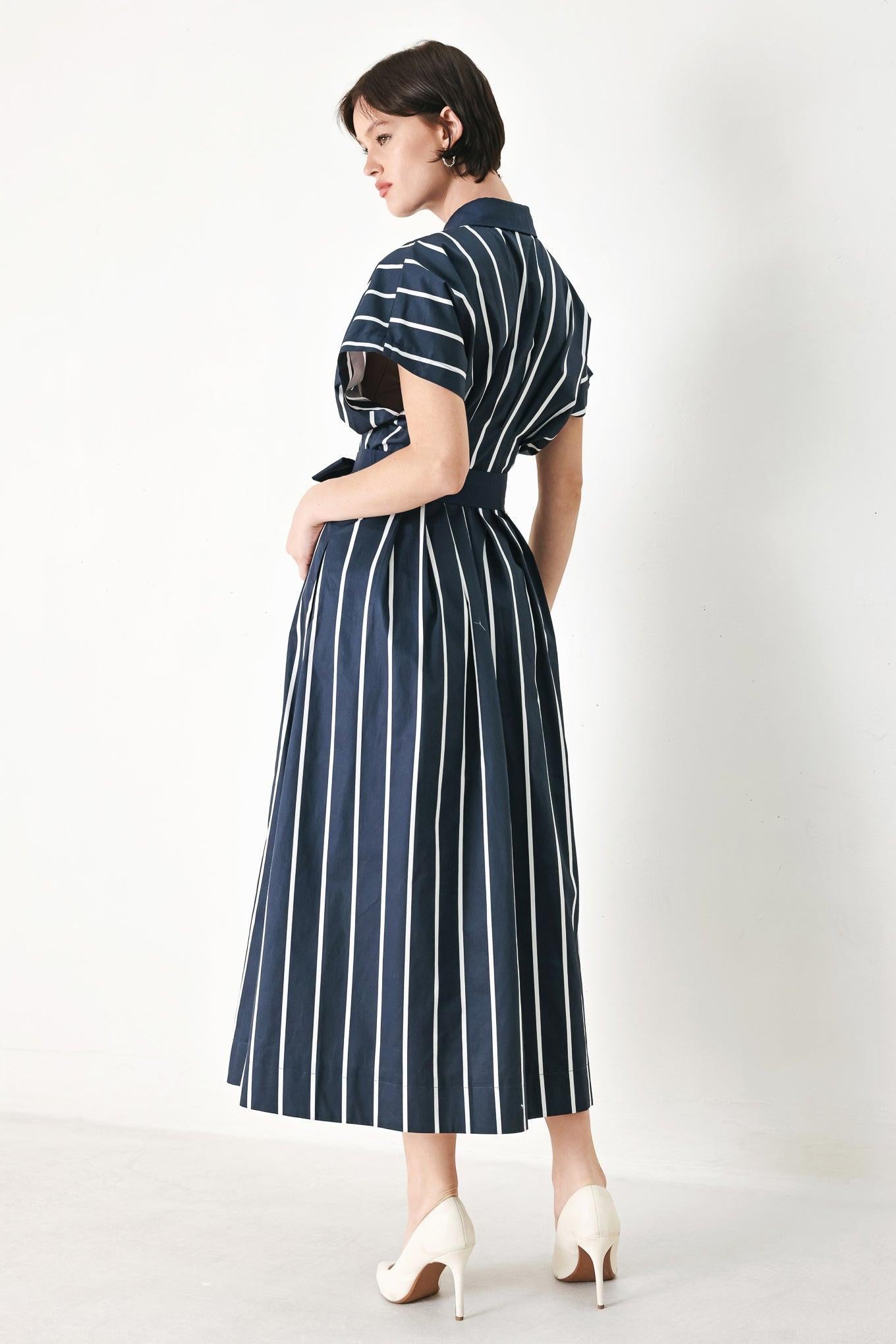 PINSTRIPE STORY WOVEN MIDI DRESS