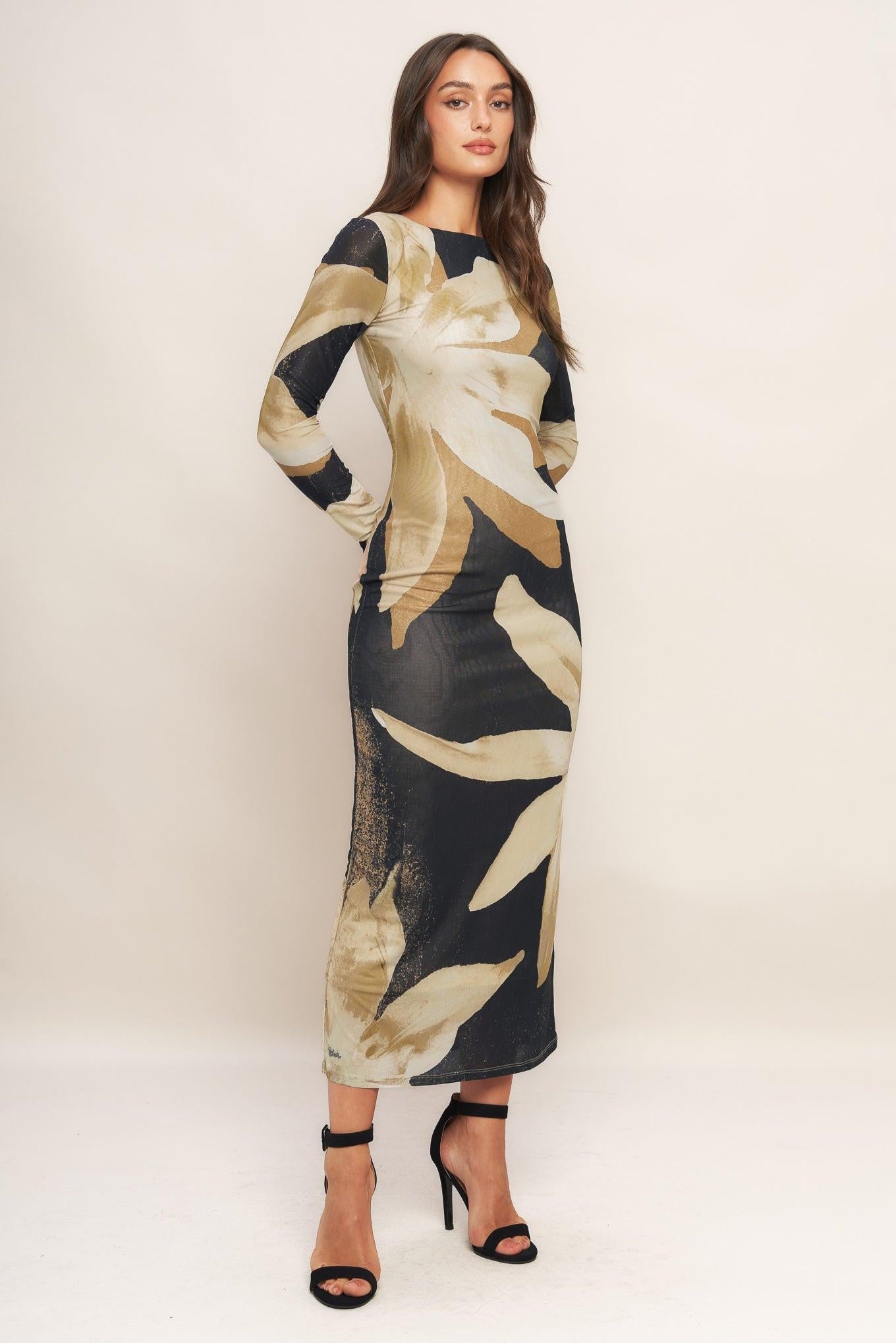 ABSTRACT BOTANICA POWER MESH MIDI DRESS