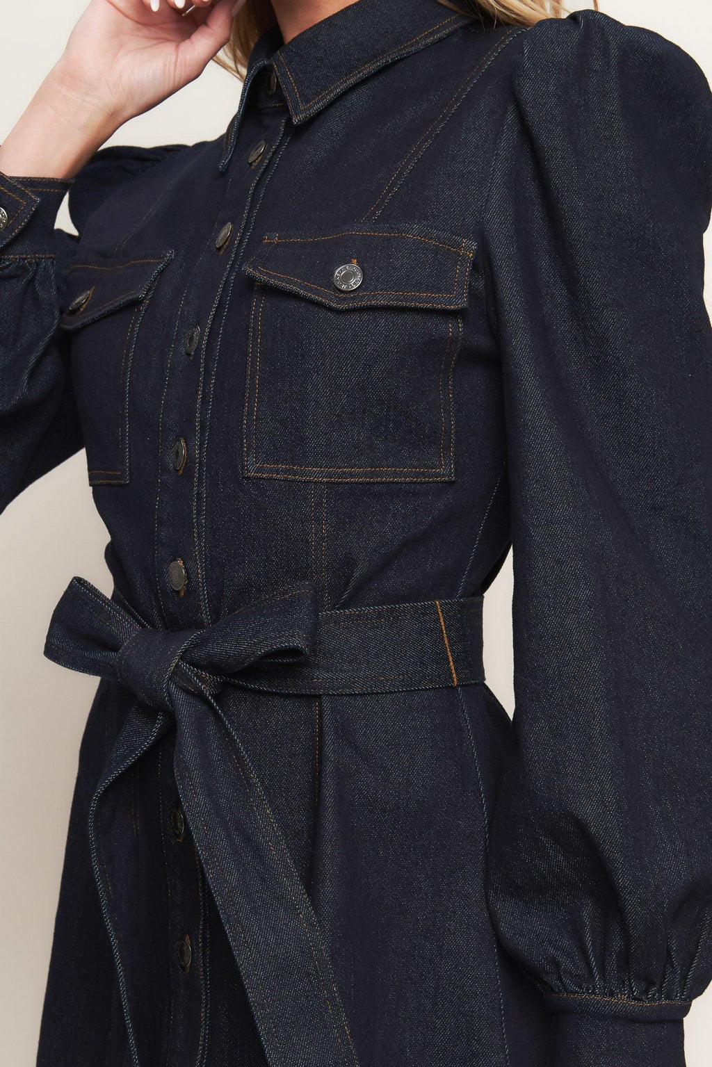 HOLIDAY DARK INDIGO DENIM MINI DRESS