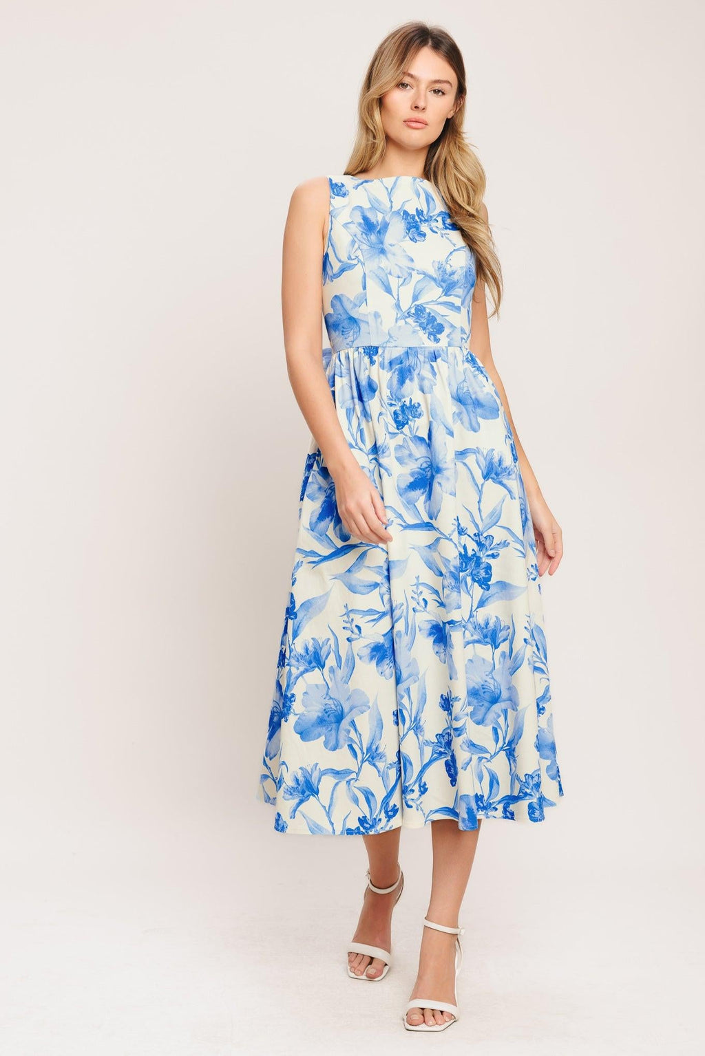 PORCELAIN FLORAL WOVEN MIDI DRESS