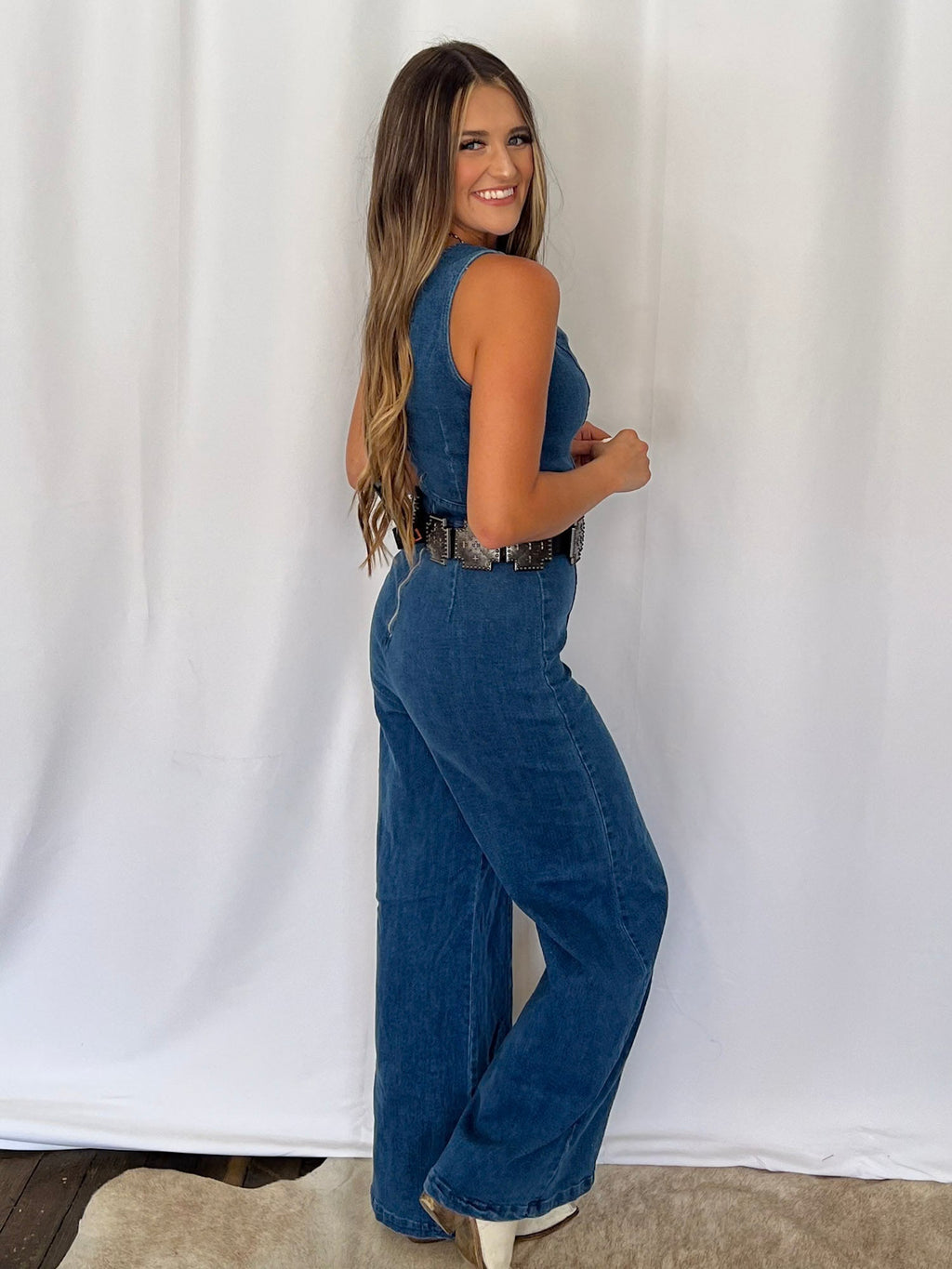 Rosie Scalloped Neckline Denim Jumpsuit - small remains