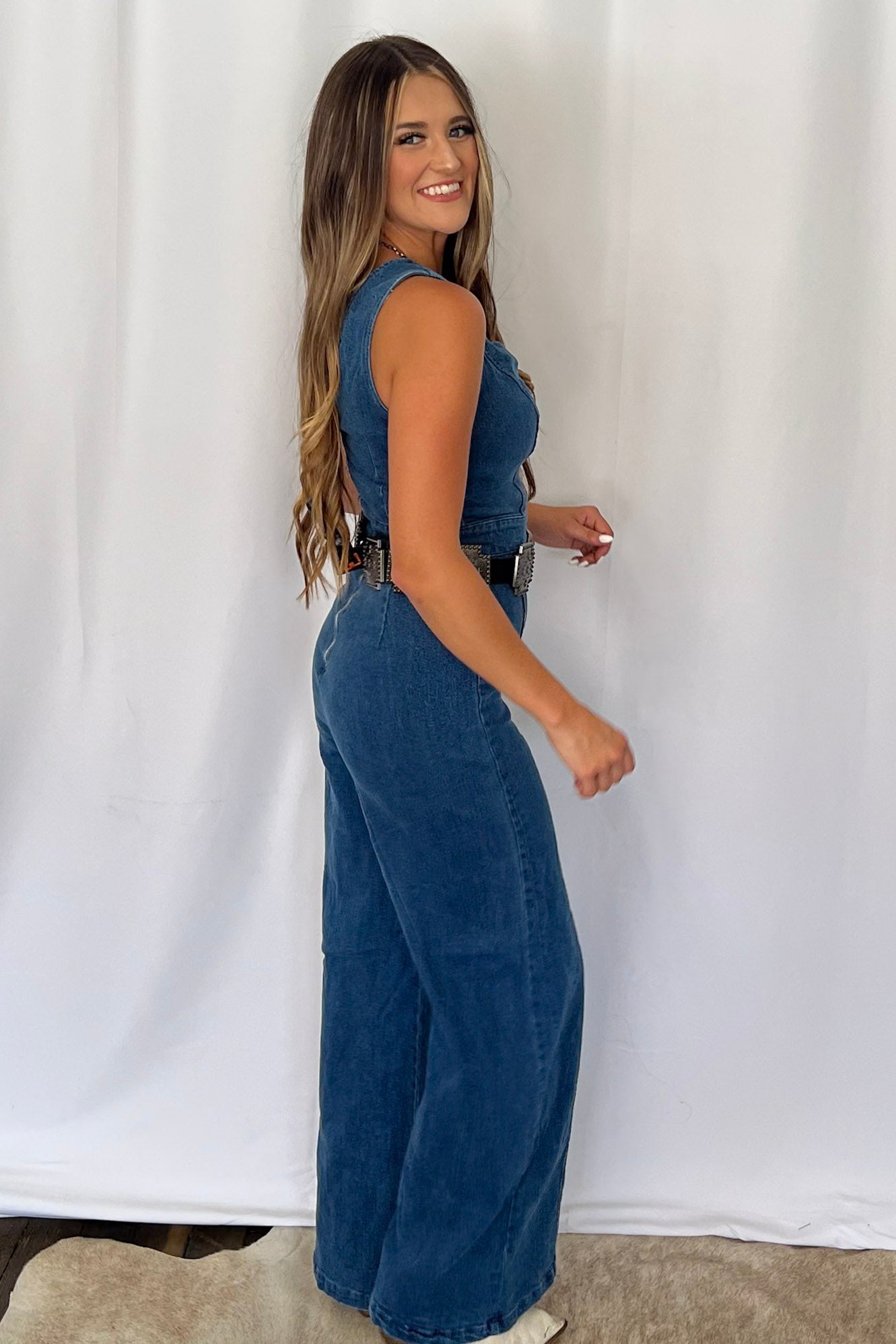 Rosie Scalloped Neckline Denim Jumpsuit - small remains