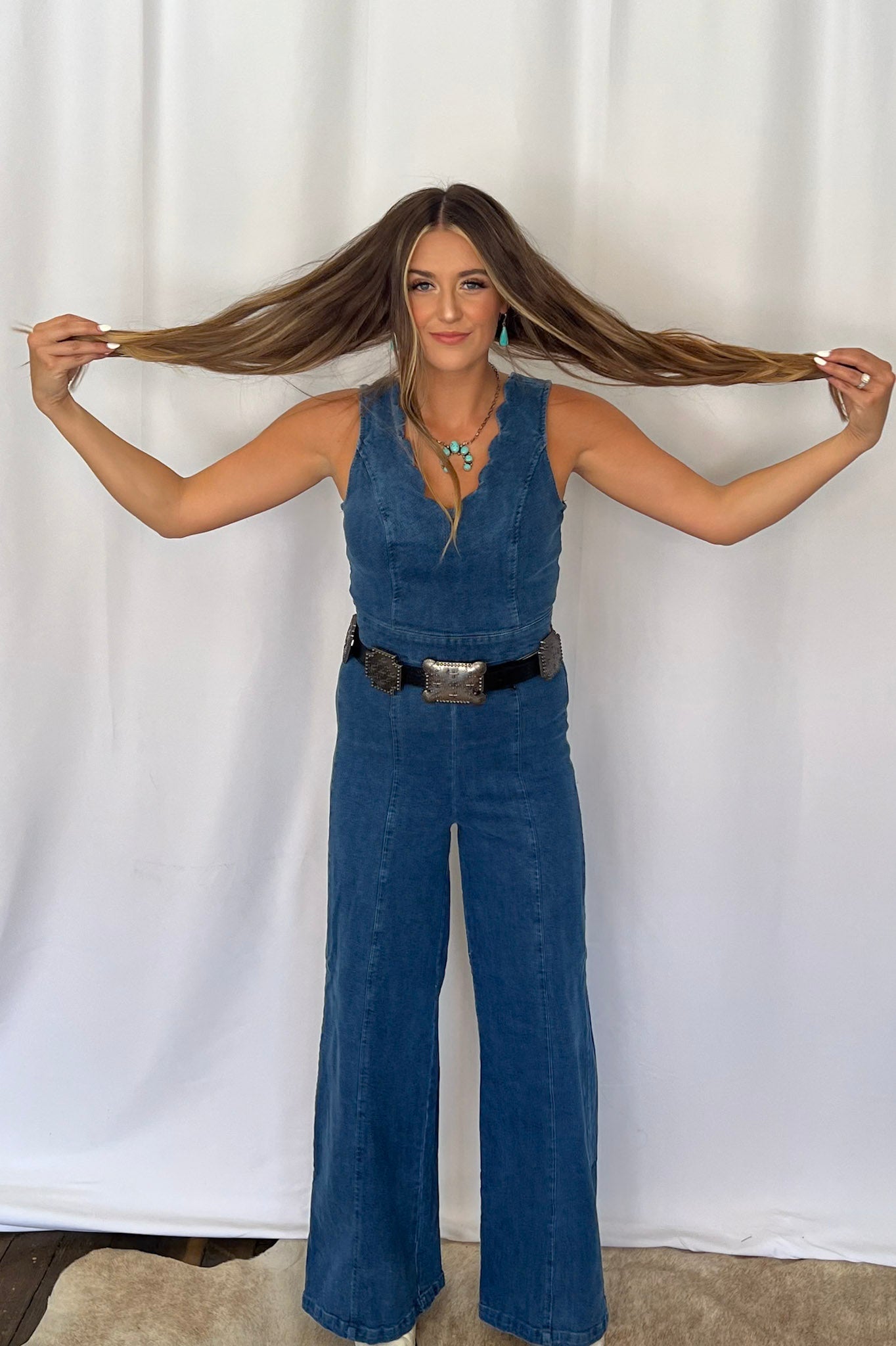 Rosie Scalloped Neckline Denim Jumpsuit - small remains