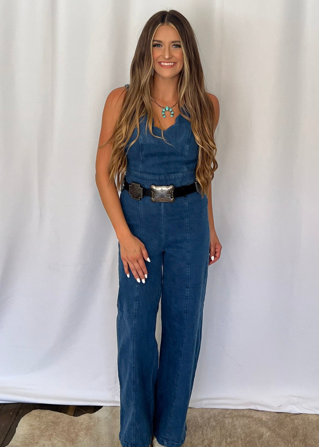 Rosie Scalloped Neckline Denim Jumpsuit - small remains